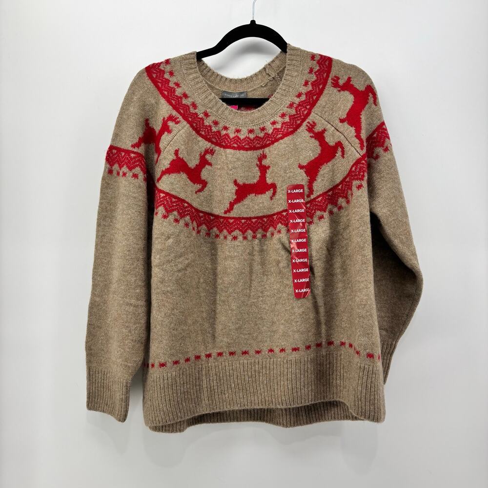Vince Camuto Size XL Women's Christmas Sweater Reindeer Tan Red